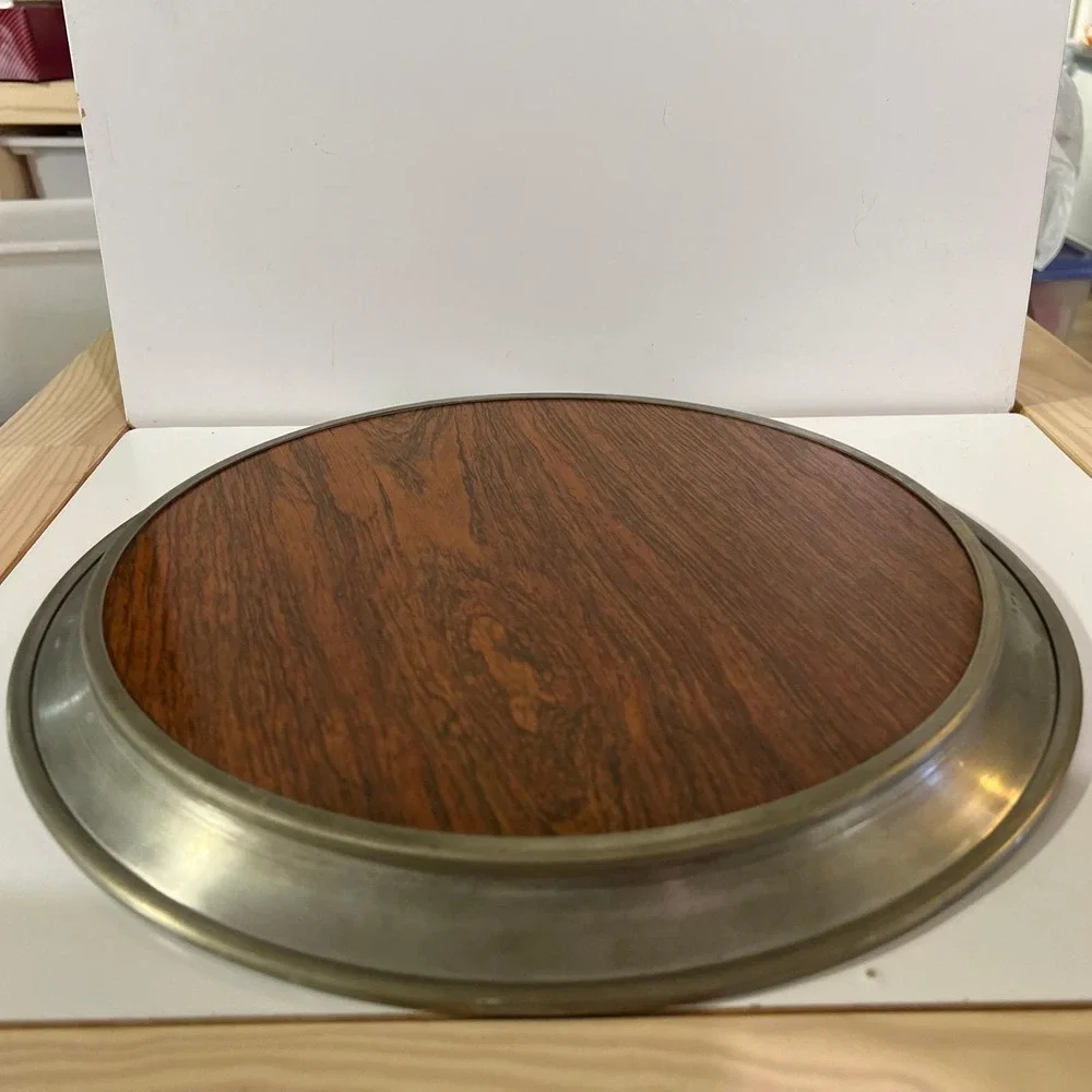 Vintage Kirk Stieff Pewter Wood Grain‎ Tray 14 in formica laminate cocktail MCM